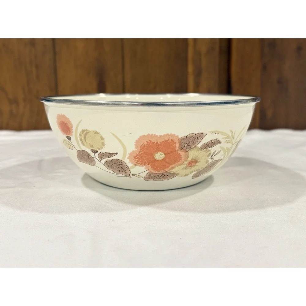 Vintage Enamelware Nesting Mixing Bowls Set 3 Orange Floral 70s Farmhouse